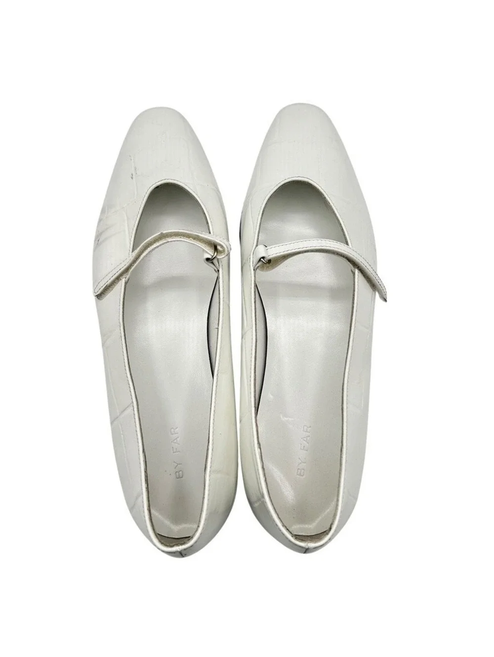 BY FAR White Croc Embossed Leather Mary Jane Ballet Flats Size 9.5